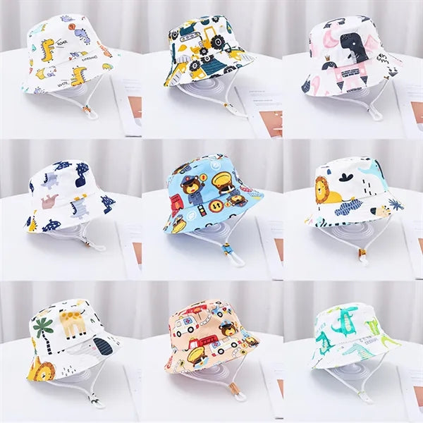 Cute Cartoon Printed Cotton Children Bucket Hat with Strap