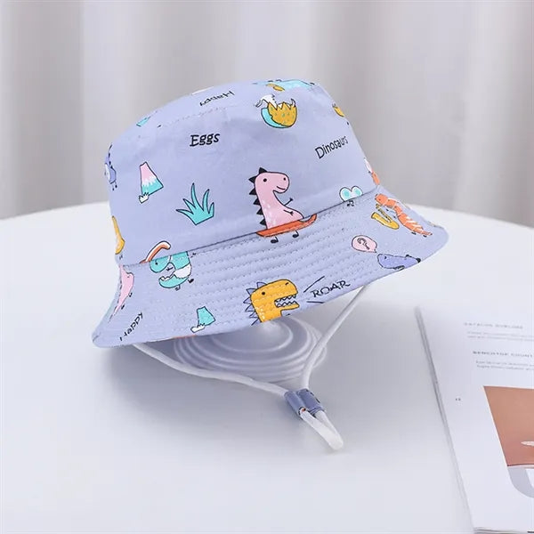 Cute Cartoon Printed Cotton Children Bucket Hat with Strap
