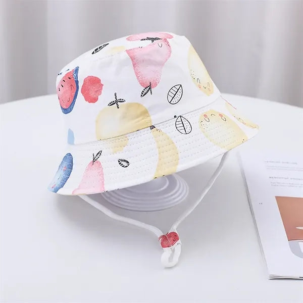 Cute Cartoon Printed Cotton Children Bucket Hat with Strap