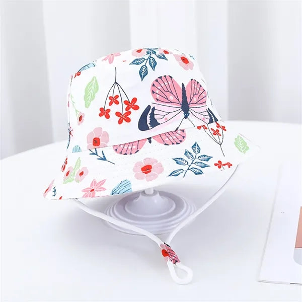 Cute Cartoon Printed Cotton Children Bucket Hat with Strap