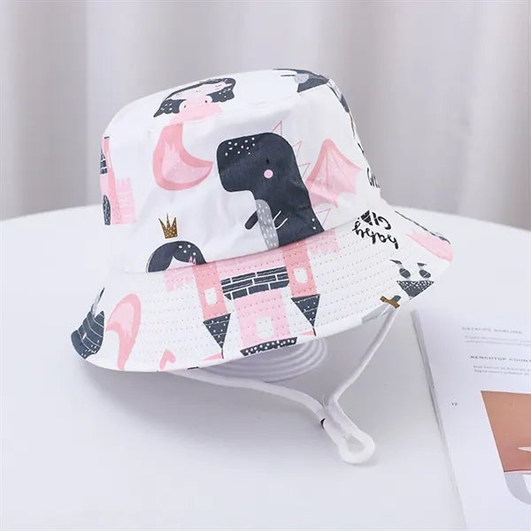 Cute Cartoon Printed Cotton Children Bucket Hat with Strap