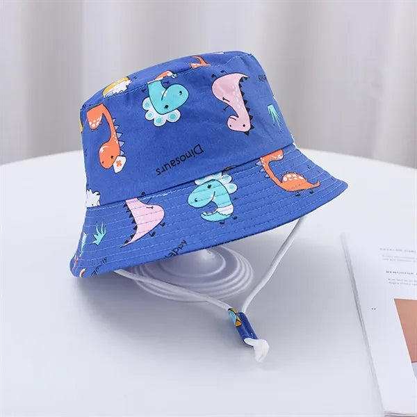Cute Cartoon Printed Cotton Children Bucket Hat with Strap