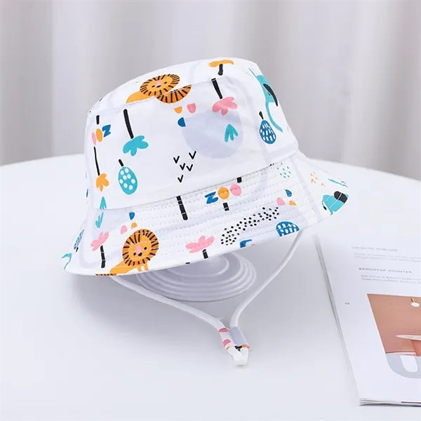 Cute Cartoon Printed Cotton Children Bucket Hat with Strap