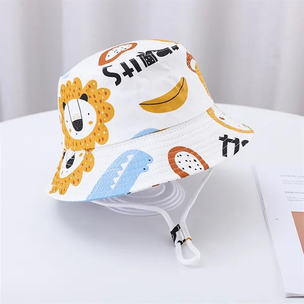 Cute Cartoon Printed Cotton Children Bucket Hat with Strap