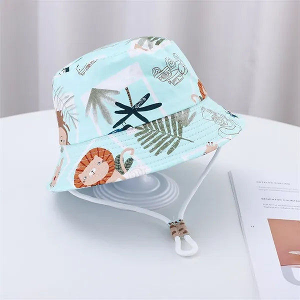 Cute Cartoon Printed Cotton Children Bucket Hat with Strap