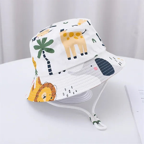 Cute Cartoon Printed Cotton Children Bucket Hat with Strap
