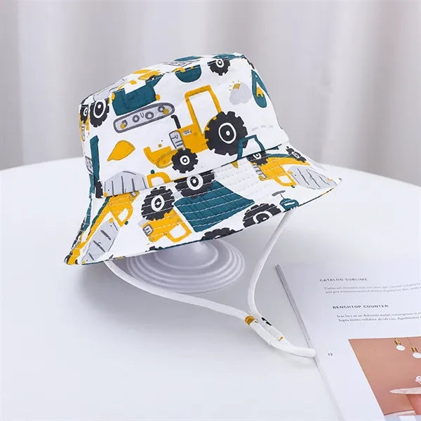 Cute Cartoon Printed Cotton Children Bucket Hat with Strap