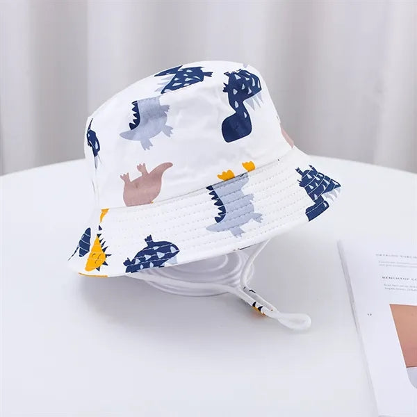 Cute Cartoon Printed Cotton Children Bucket Hat with Strap