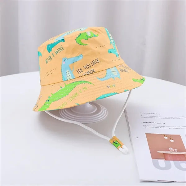 Cute Cartoon Printed Cotton Children Bucket Hat with Strap