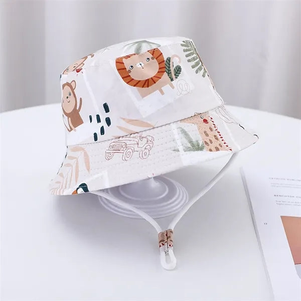 Cute Cartoon Printed Cotton Children Bucket Hat with Strap