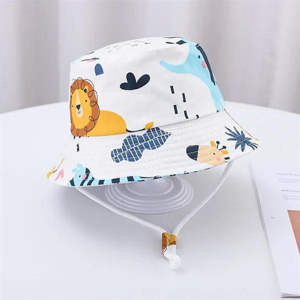 Cute Cartoon Printed Cotton Children Bucket Hat with Strap