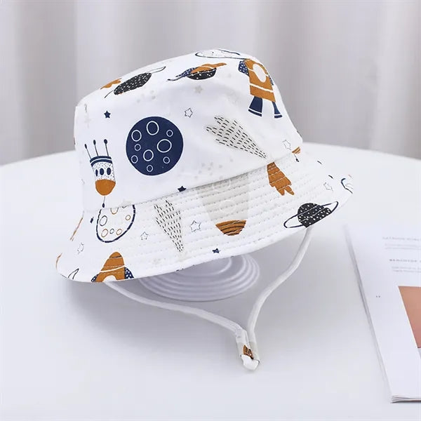 Cute Cartoon Printed Cotton Children Bucket Hat with Strap