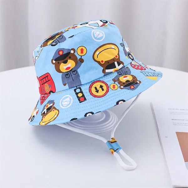 Cute Cartoon Printed Cotton Children Bucket Hat with Strap