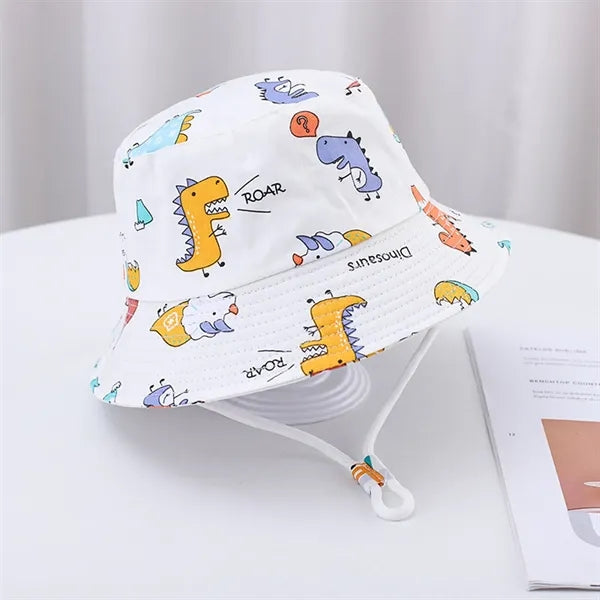 Cute Cartoon Printed Cotton Children Bucket Hat with Strap