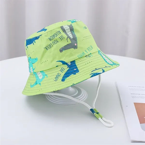 Cute Cartoon Printed Cotton Children Bucket Hat with Strap