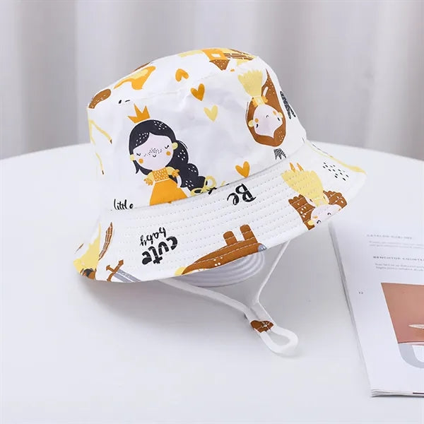 Cute Cartoon Printed Cotton Children Bucket Hat with Strap