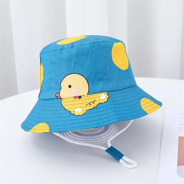 Cute Cartoon Printed Cotton Children Bucket Hat with Strap