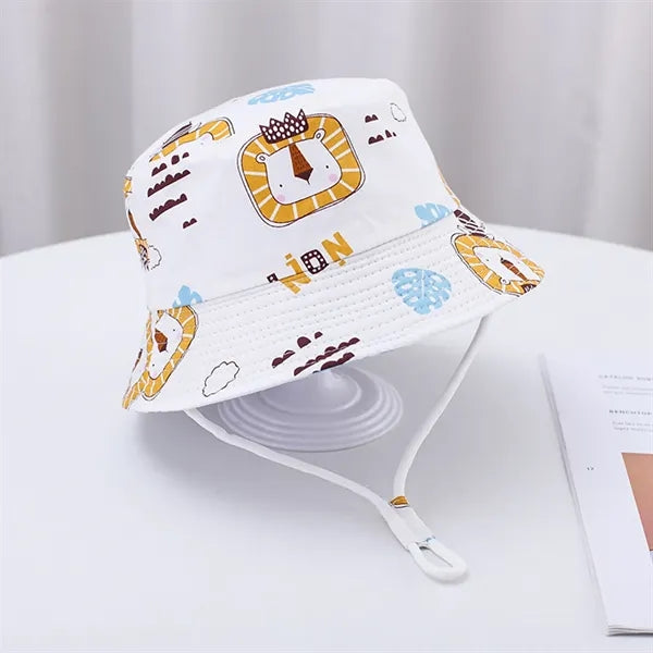 Cute Cartoon Printed Cotton Children Bucket Hat with Strap