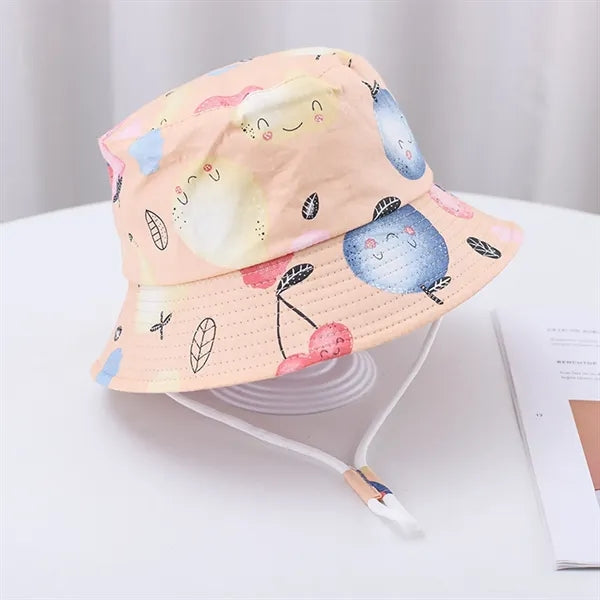 Cute Cartoon Printed Cotton Children Bucket Hat with Strap