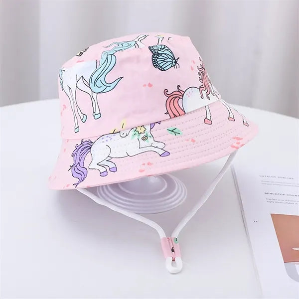 Cute Cartoon Printed Cotton Children Bucket Hat with Strap