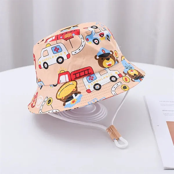 Cute Cartoon Printed Cotton Children Bucket Hat with Strap