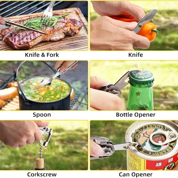 5 in 1 Camping Utensils Folding Cutlery w/Pouch