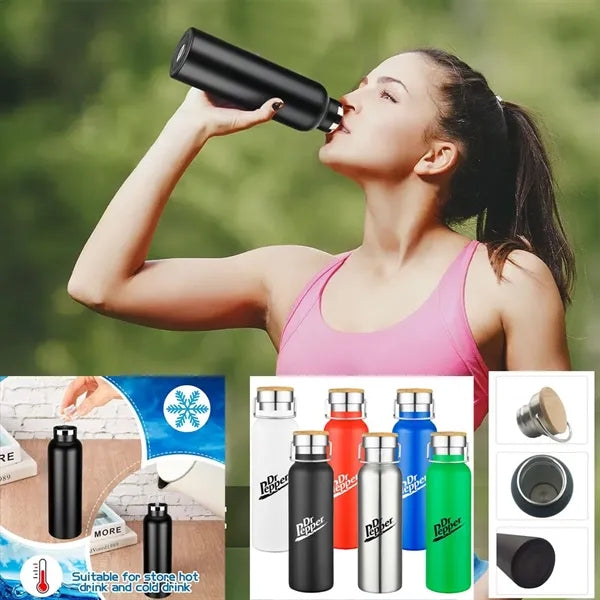 Stainless Steel Sports Water Bottle with Bamboo Lid-20oz