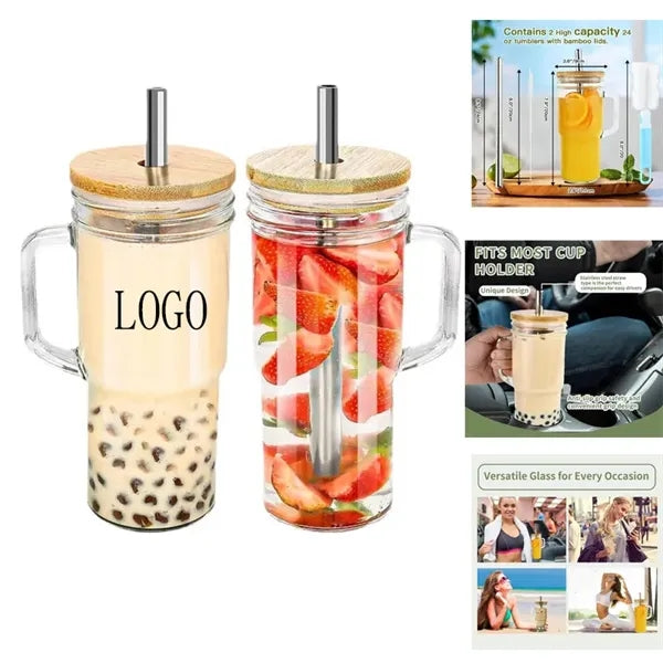 Glass Cups Bamboo Lids and Straws Tumbler with Handle