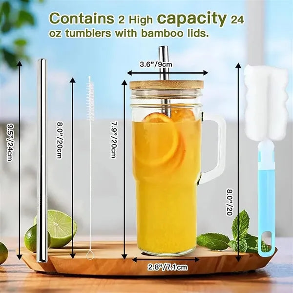 Glass Cups Bamboo Lids and Straws Tumbler with Handle