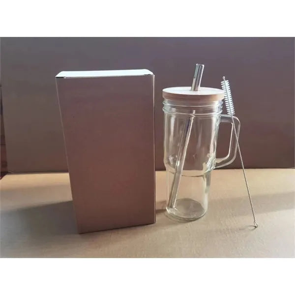 Glass Cups Bamboo Lids and Straws Tumbler with Handle
