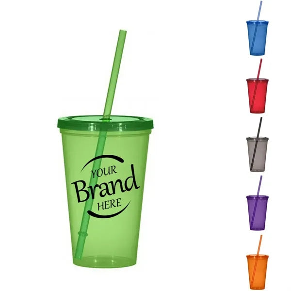 16oz Plastic Stadium Cups with Lid & Straw