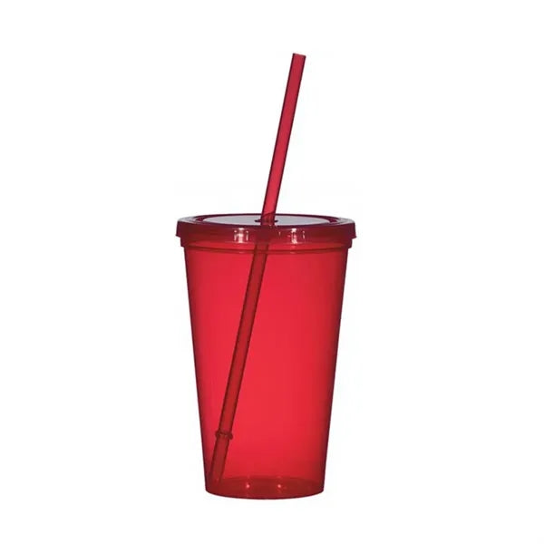 16oz Plastic Stadium Cups with Lid & Straw