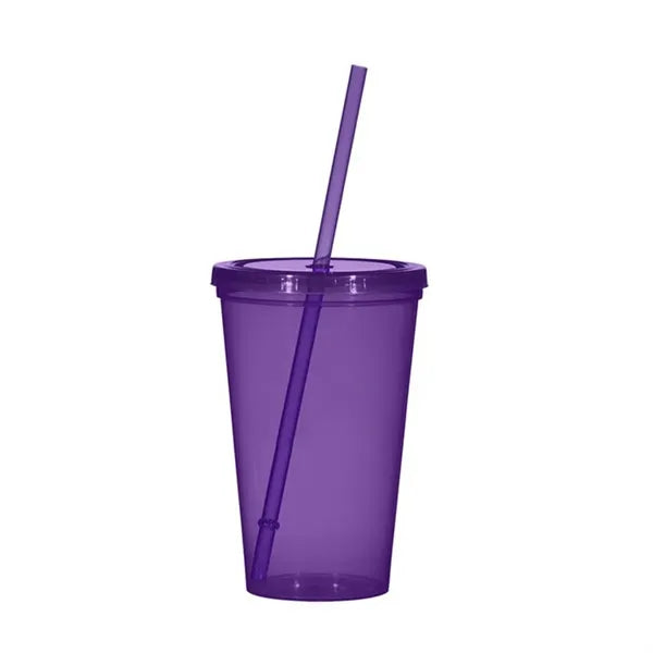 16oz Plastic Stadium Cups with Lid & Straw