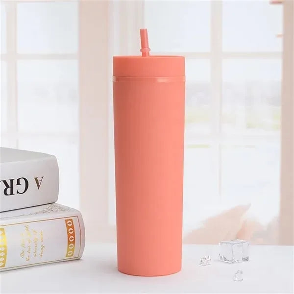 16 OZ Water Bottle Plastic Stadium Coffee Cup With Straw