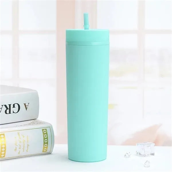 16 OZ Water Bottle Plastic Stadium Coffee Cup With Straw