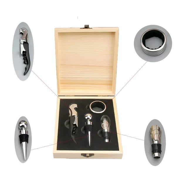 Four-Piece Wine Tool Set In Pine Wood Box