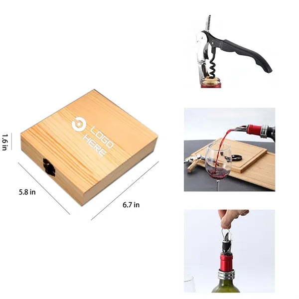 Four-Piece Wine Tool Set In Pine Wood Box