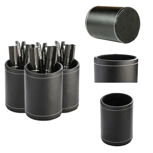 Round Leather Pencil Pen Cup Stand Desk Organizer Desktop