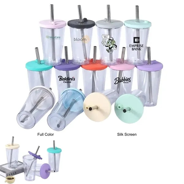 16 oz Plastic Double Wall Tumbler with Lid and Metal Straw