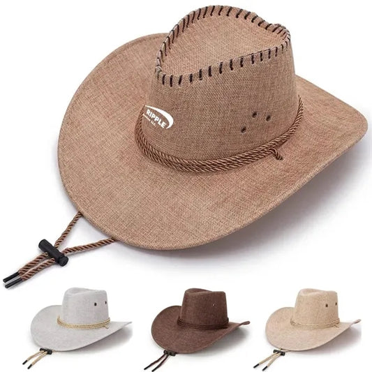 Outdoor Men's Beach Western Cowboy Wide Brim Linen Sun Hat