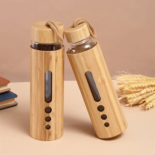 19 Oz Eco Bamboo Durable Glass Bottle with Handle Lids