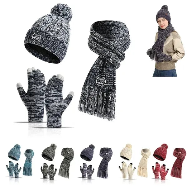 Winter Warm Beanie Hat Scarf and Touchscreen Gloves Set