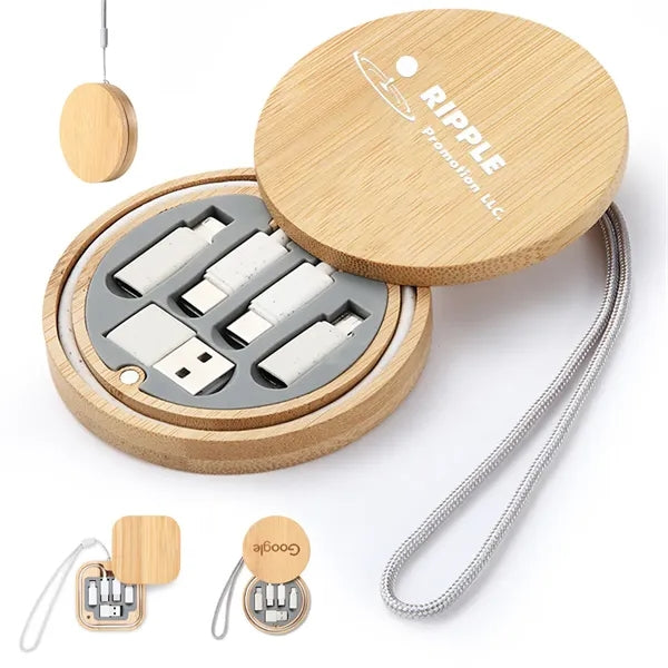Multi USB Adapter Kit Fast Charging Cable Bamboo Storage Box