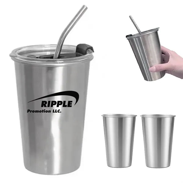16oz. Metal Mug Stackable Pint Cups With Lid And Straw