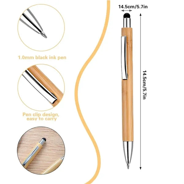 Eco-Friendly Bamboo Wood Click Action Ballpoint Pen w/Stylus