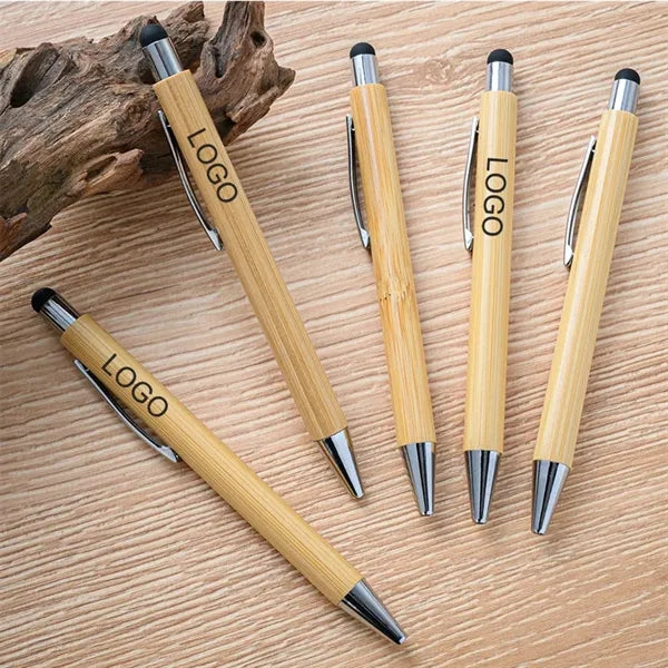 Eco-Friendly Bamboo Wood Click Action Ballpoint Pen w/Stylus