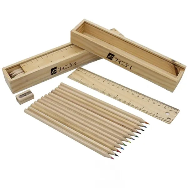 Natural Wood Color Pencil Box w/ Ruler Set