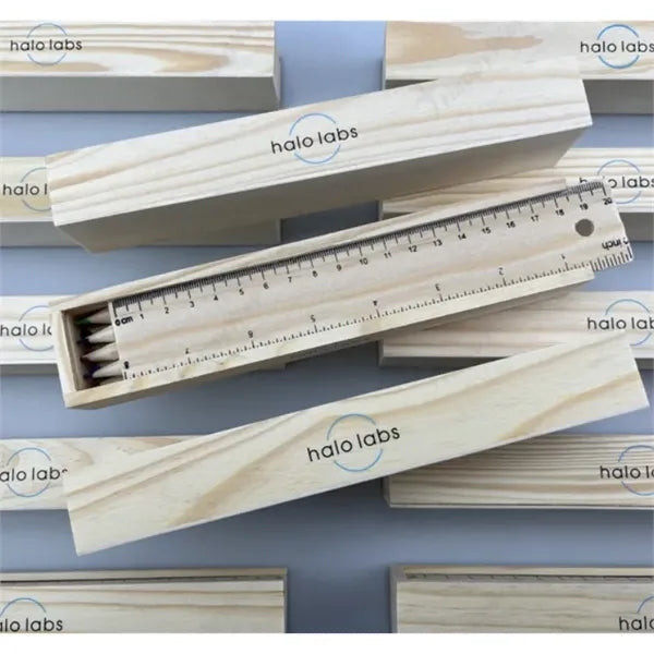 Natural Wood Color Pencil Box w/ Ruler Set