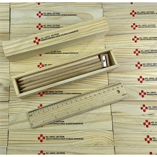 Natural Wood Color Pencil Box w/ Ruler Set