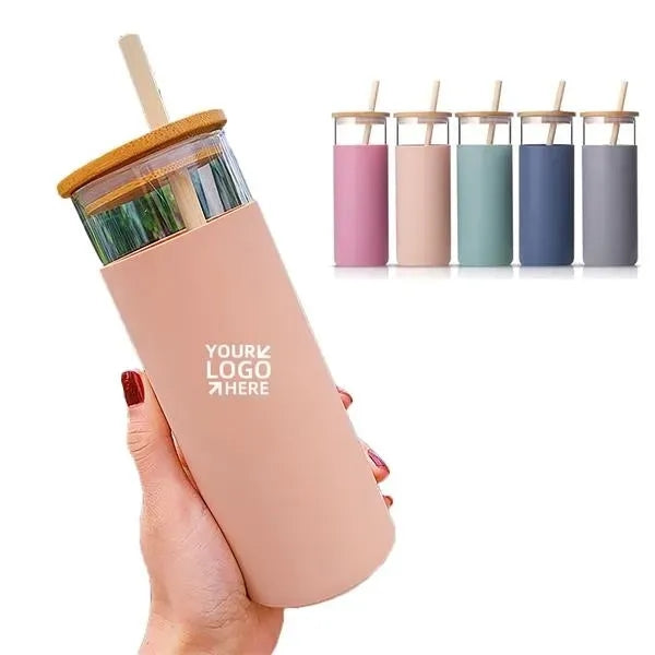 17oz Glass Water Tumbler With Bamboo Lid & Straw